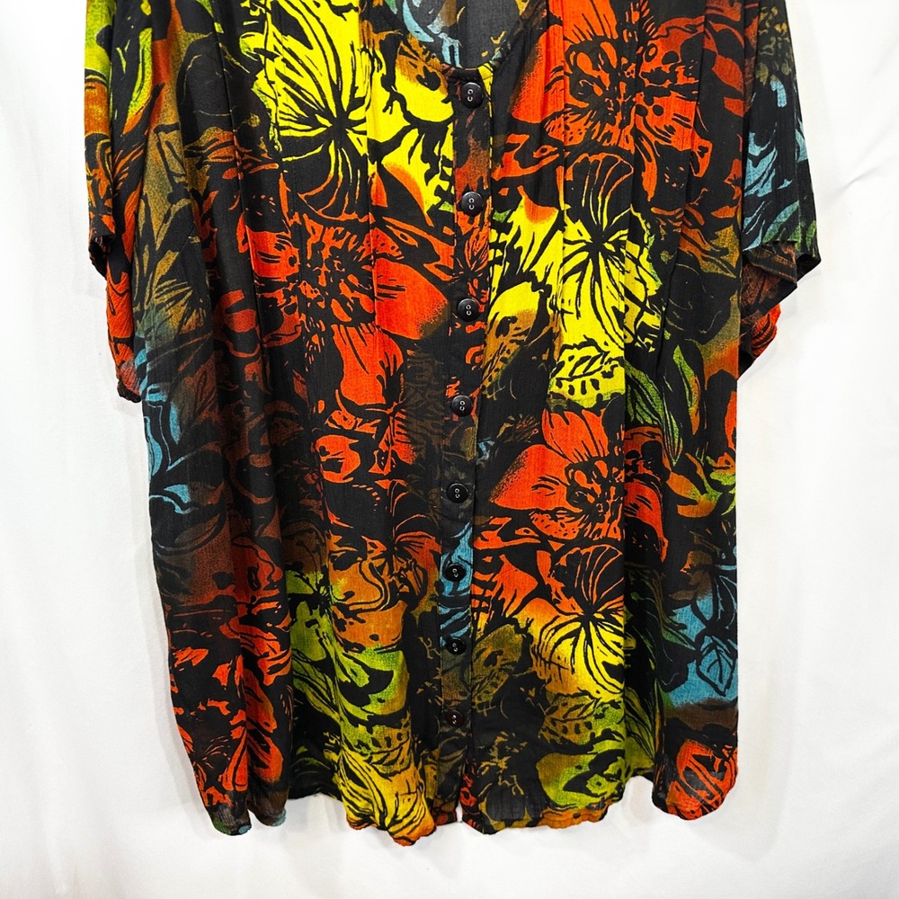 Roamans Plus Size 24W Top Black Floral V-Neck Button Front Short Sleeve Boho 654 - Picture 4 of 8